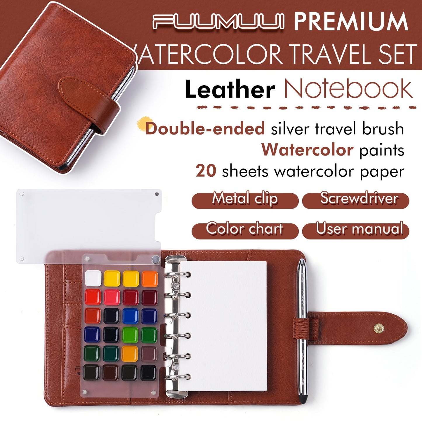 Roselli Watercolor Travel Sketchbook Set - Premium Dual-Tip Brush, Paints & 100% Cotton Paper
