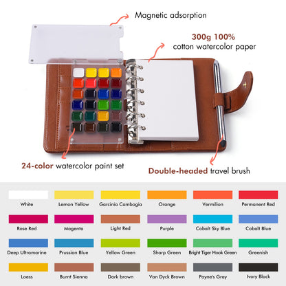 Roselli Watercolor Travel Sketchbook Set - Premium Dual-Tip Brush, Paints & 100% Cotton Paper