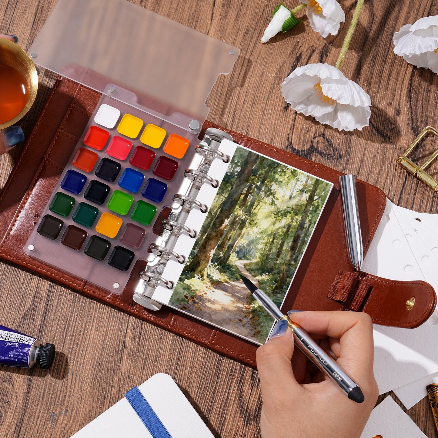 Roselli Watercolor Travel Sketchbook Set - Premium Dual-Tip Brush, Paints & 100% Cotton Paper